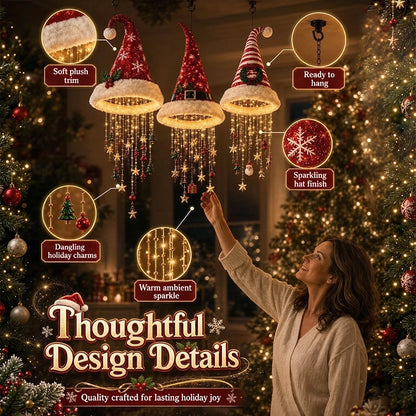 Lighted Santa Hat Hanging Chandelier – 3 Styles Warm LED Christmas String Lights with Festive Ornaments, Holiday Lighting Decor