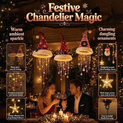 Lighted Santa Hat Hanging Chandelier – 3 Styles Warm LED Christmas String Lights with Festive Ornaments, Holiday Lighting Decor