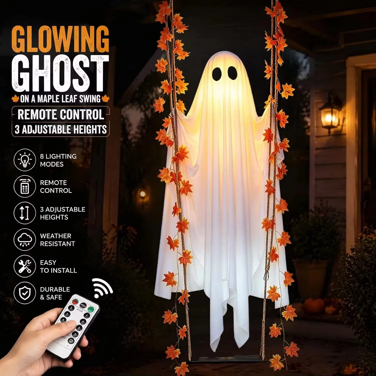 LED Luminous Hanging Swinging Ghost – Adjustable Brightness, Remote Control Halloween Yard Flying Ghost Decoration