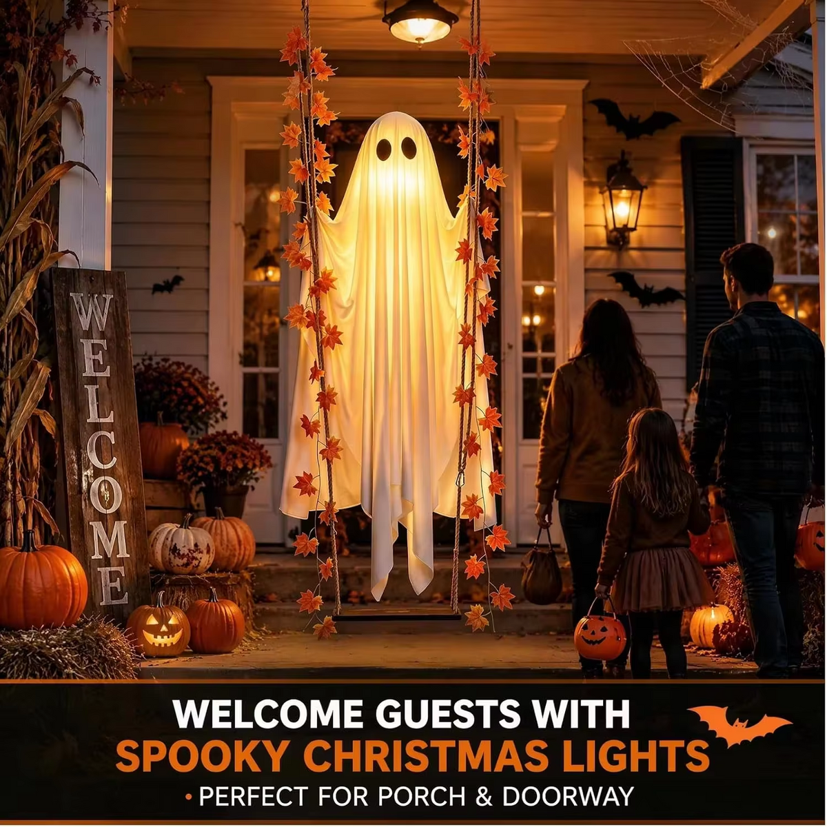 LED Luminous Hanging Swinging Ghost – Adjustable Brightness, Remote Control Halloween Yard Flying Ghost Decoration