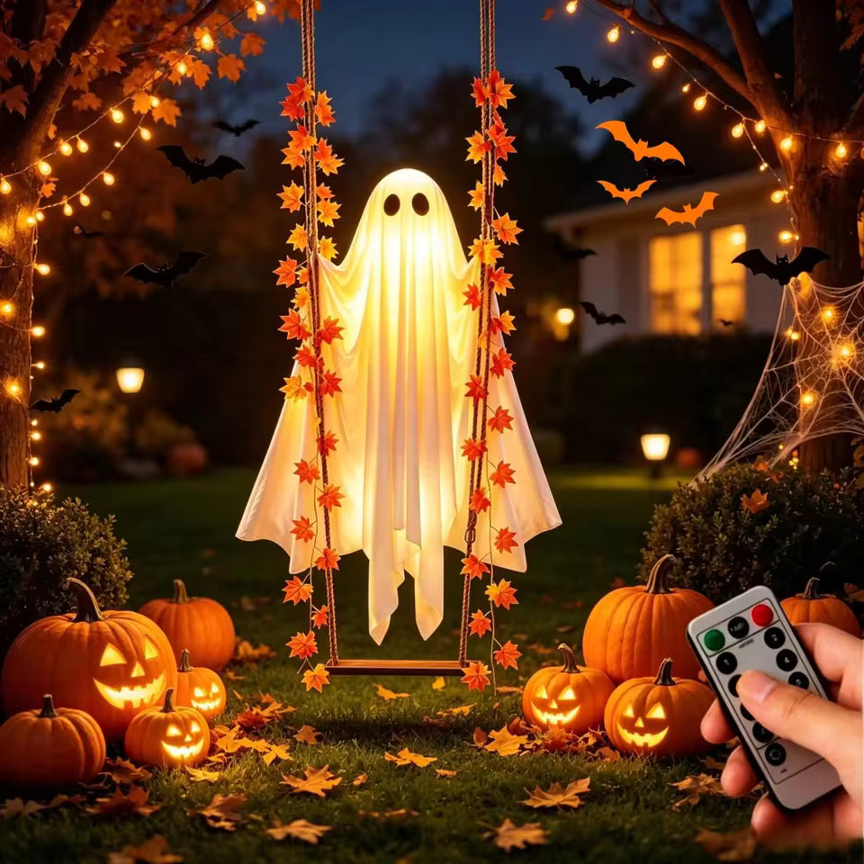 LED Luminous Hanging Swinging Ghost – Adjustable Brightness, Remote Control Halloween Yard Flying Ghost Decoration