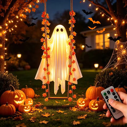 LED Luminous Hanging Swinging Ghost – Adjustable Brightness, Remote Control Halloween Yard Flying Ghost Decoration